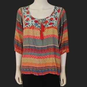 LATITUDE 10 Floral Mixed Print Colorful Bohemian Peasant Top